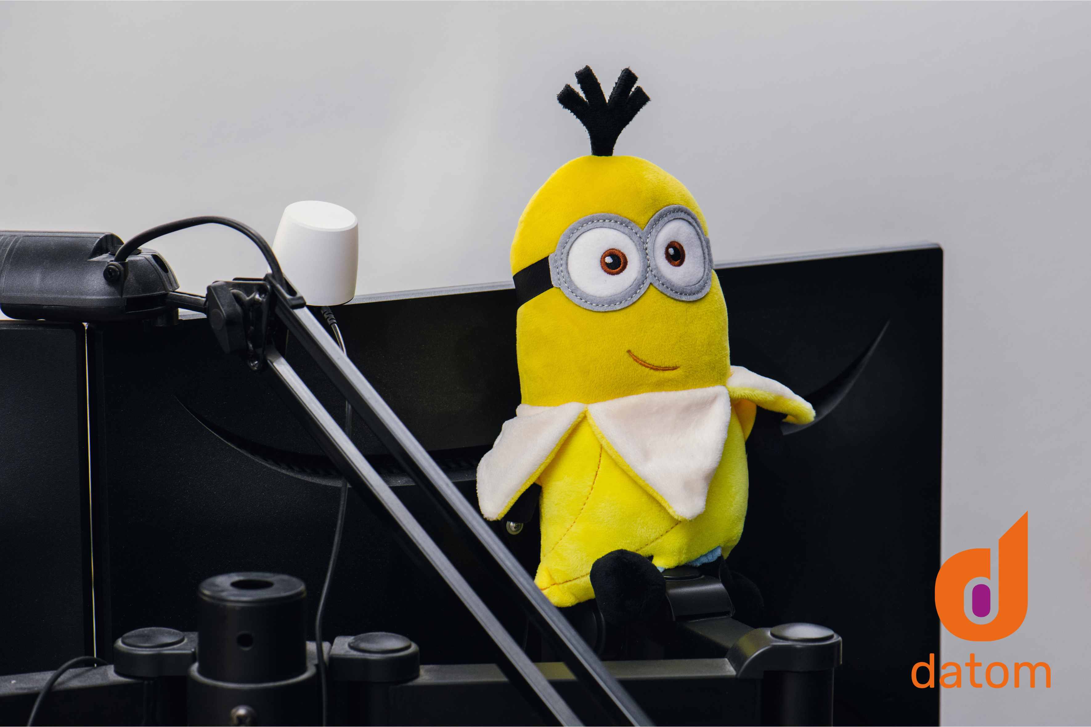 Ansicht Monitor von hinten mit Bürolampe und einem Minion Kuscheltier