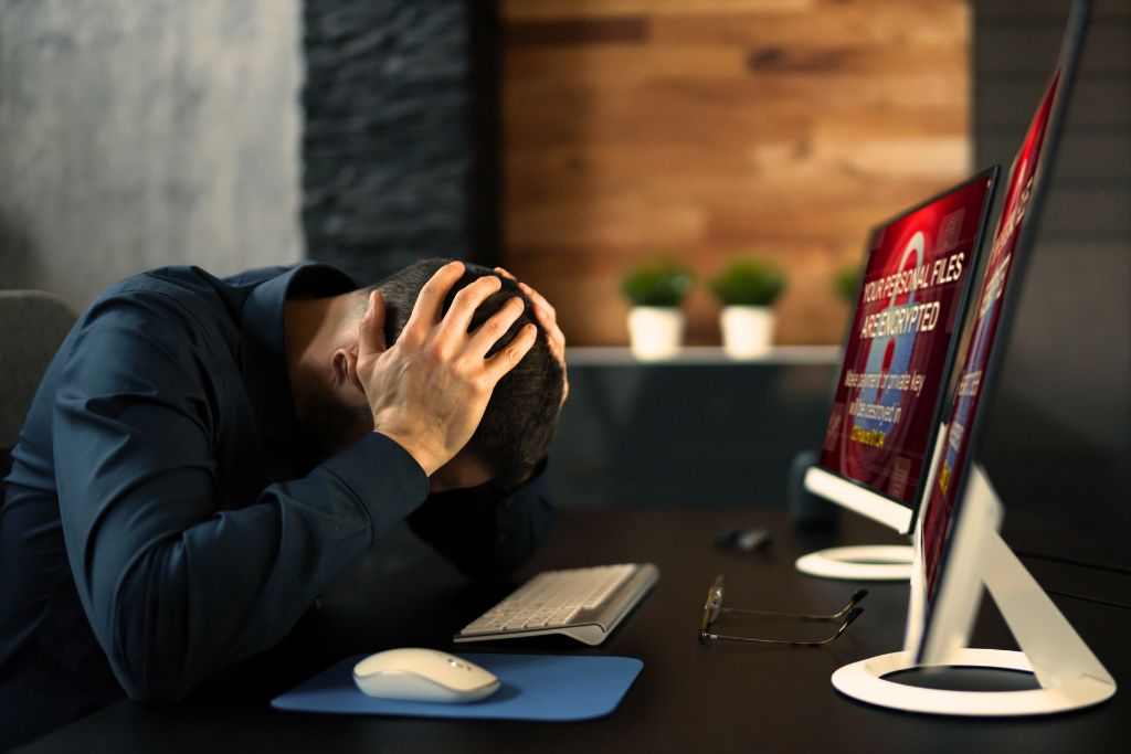 Inhaltsbild Webinar Prävention, Sofortmaßnahmen & Krisenkommunikation Ansicht verzweifelter Geschäftsmann vor Bildschirmen, die Sicherheitsvorfallmeldung zeigen