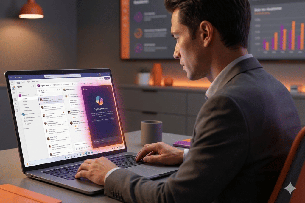 KI-Online-Seminar Ansicht Mitarbeiter vor Notebook mit geöffneter KI-Anwendung von Copilot
