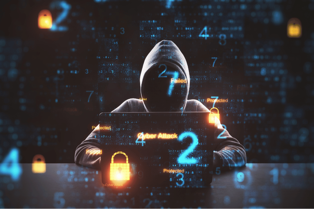 Online-Seminar-IT-Sicherheit Ansicht Hacker vor Notebook in virtueller Umgebung